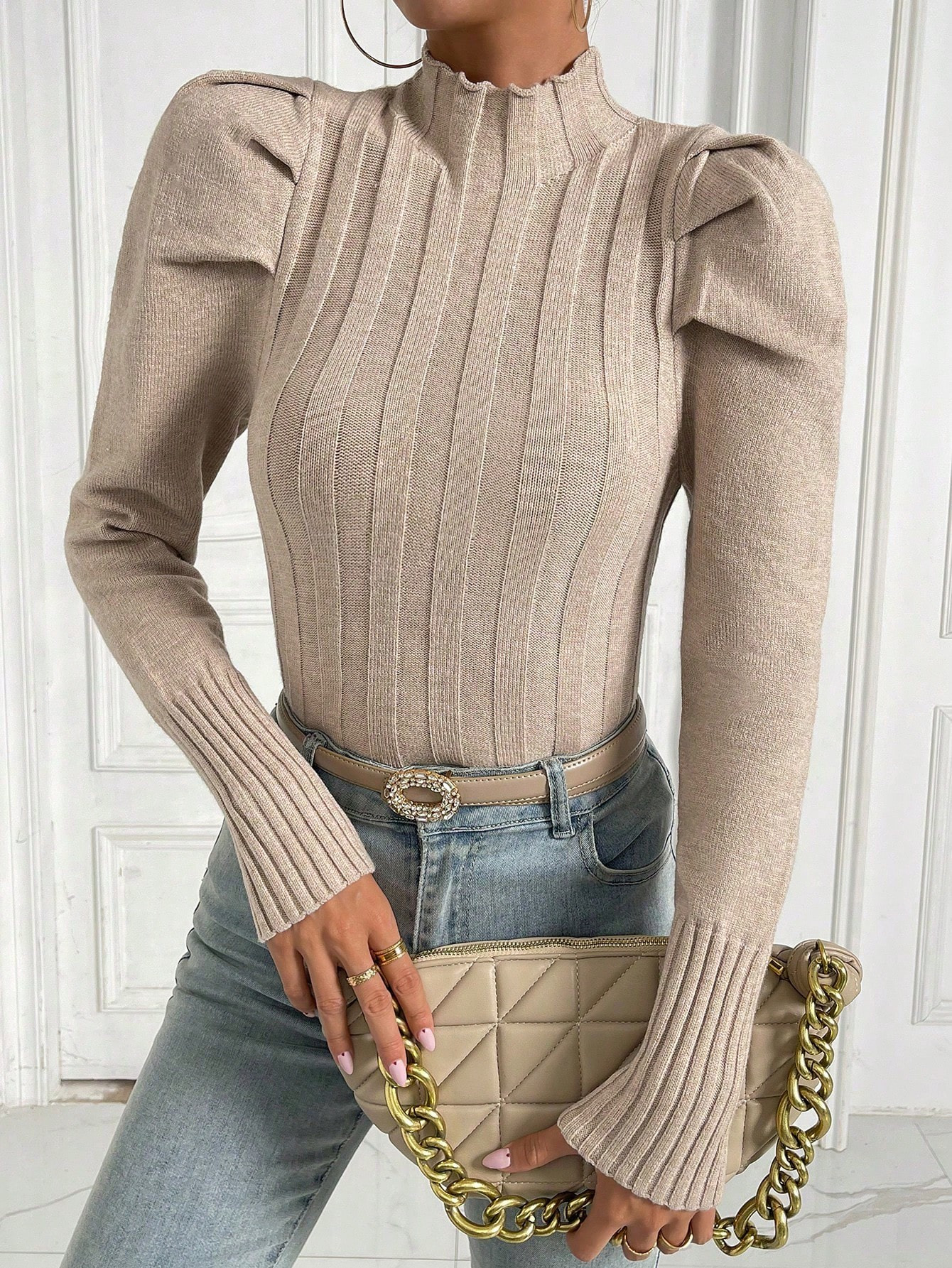 SHEIN Privé Mock Neck Gigot Sleeve Sweater | SHEIN