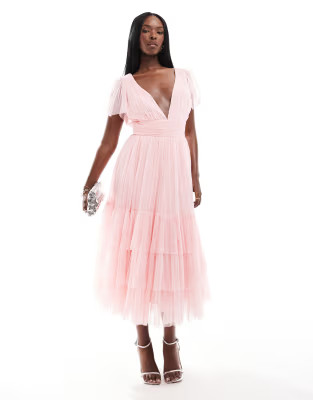 Lace & Beads Bridesmaid Madison v neck tulle midi dress in soft pink | ASOS | ASOS (Global)