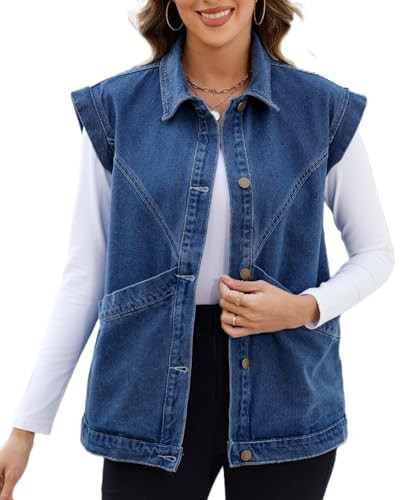 Ladyful Womens Oversized Denim Vest Long Jean Vest Top Utility Button Down Sleeveless Jean Jacket with Pockets | Amazon (US)