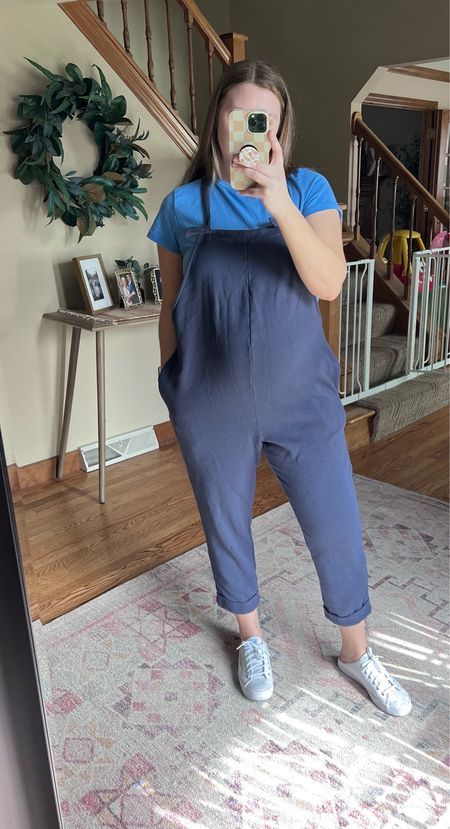 I live in jumpsuits and this is a true maternity style from Old Navy. It has knotted adjustable straps so you can adjust for your growing bump! Wearing a size large here, it runs TTS. So comfortable! 

#LTKbump