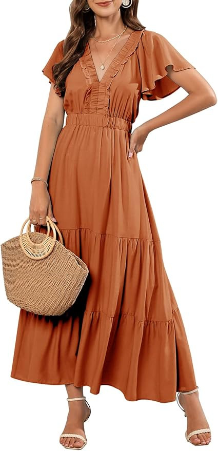 OUGES Women's 2023 Casual Summer Short Sleeve V Neck Maxi Dresses Maternity Photoshoot Baby Showe... | Amazon (US)