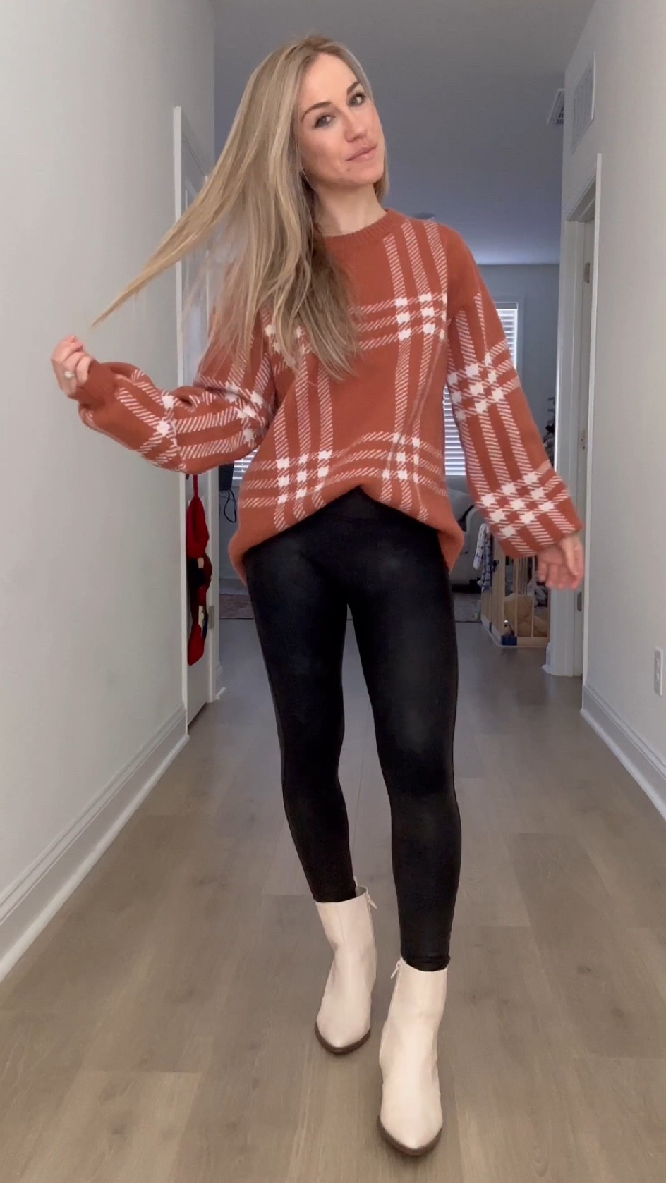 Rust orange plaid sweater 
Spanx leggings 


#LTKSeasonal #LTKstyletip #LTKfindsunder100