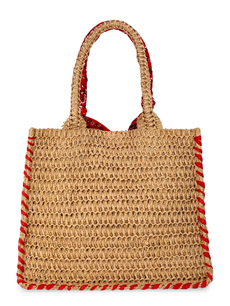 No Boundaries Women's Beach Icons Mini Straw Tote Bag, Natural with Lobster Embroidery | Walmart (US)