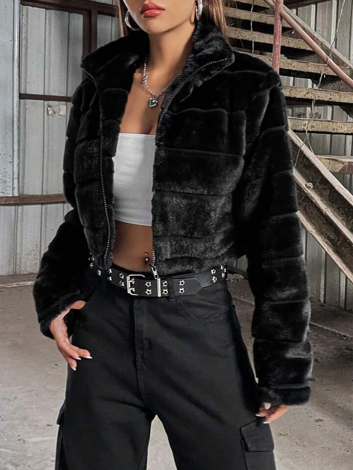 SHEIN MOOSTA Zip Up Crop Teddy Jacket Black Fur Jacketplush Jacketcropped Jacketcrop Jacketcrop J... | SHEIN