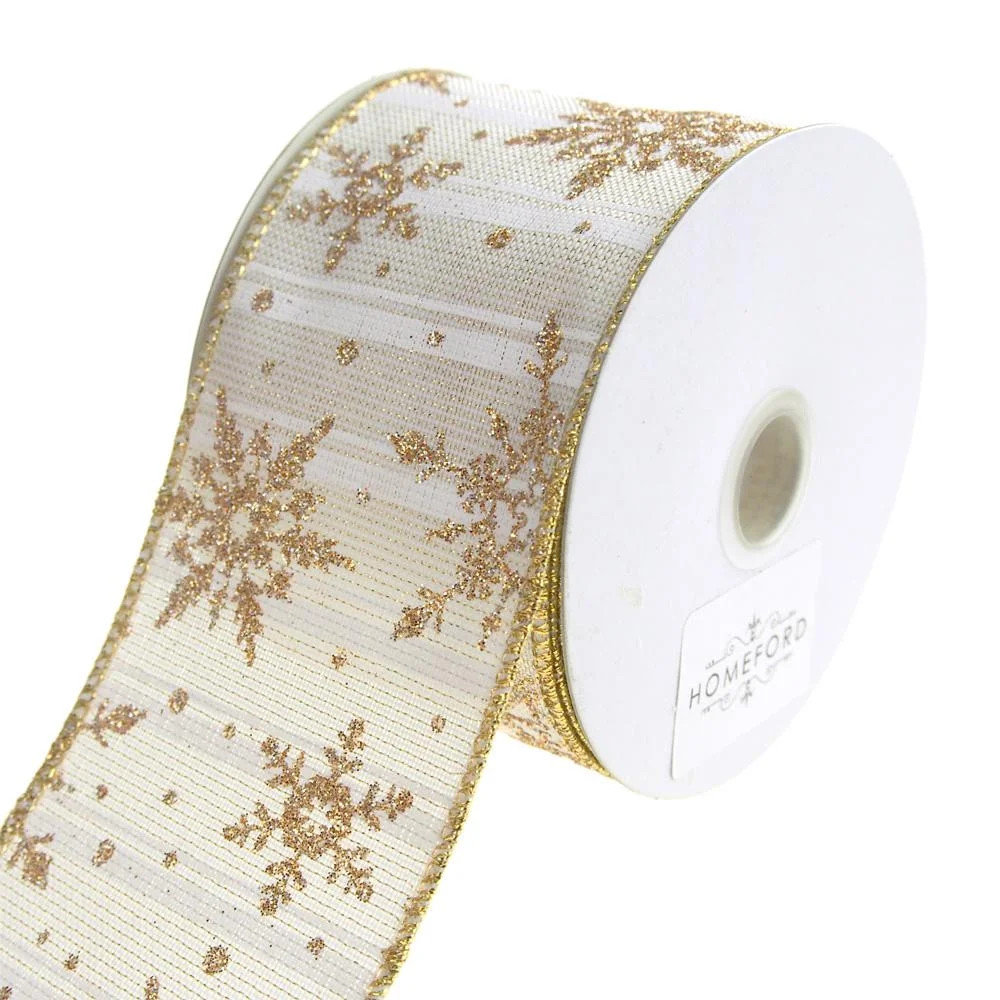 Golden Snowflakes Metallic Striped Wired Christmas Holiday Ribbon, White, 2-1/2-Inch, 10-Yard | Walmart (US)