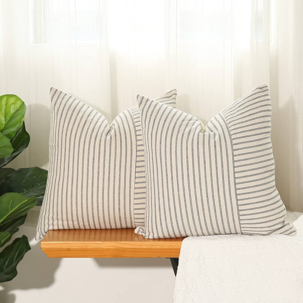 Hckot Grey and Beige Patchwork Farmhouse Throw Pillow Covers 18 x 18 Inch, Pack of 2 Striped Line... | Amazon (US)