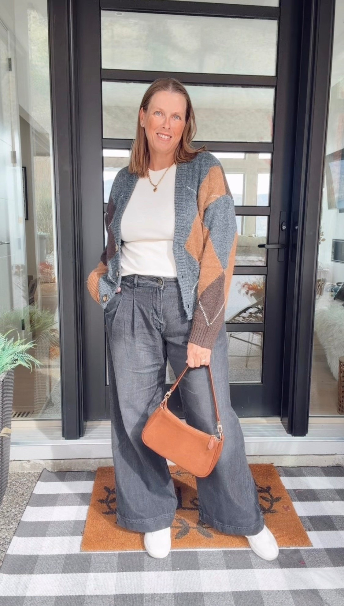 Argyle cardigan for the win!  
Loving this trend, this cardigan screams fall.

Fall trends, fall outfits, style tips, cardigan, pleated jeans, fall bag, elevated casual
#ltkfall #ltkjeans #ltkstyletip