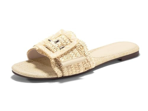 Coutgo Womens Flat Sandals Raffia Slip On Slide Sandal Square Open Toe Buckle Summer Beach Shoes ... | Amazon (US)