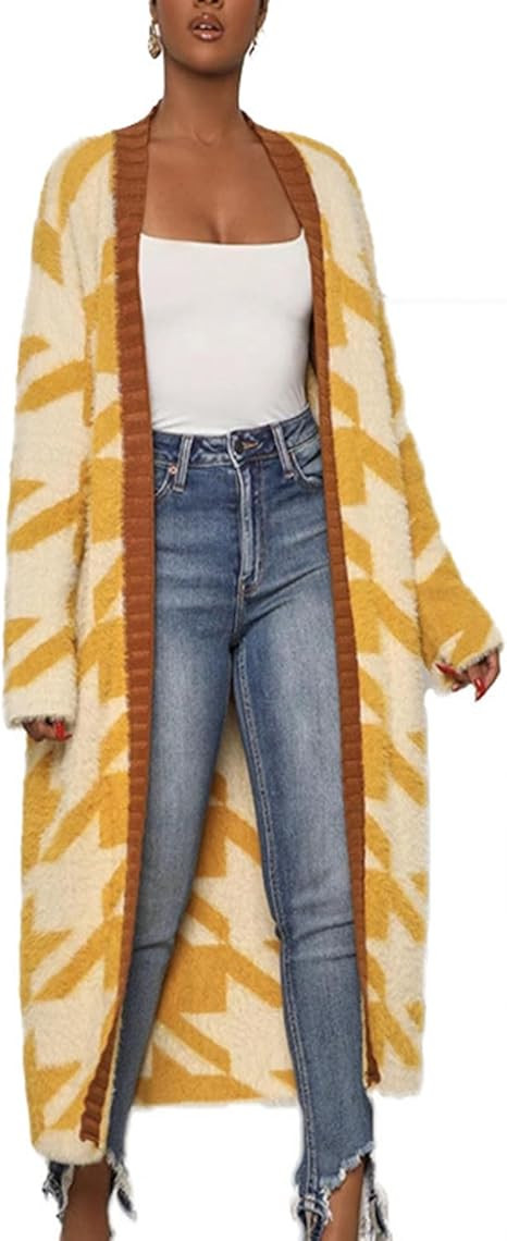 Perbai Womens Casual Houndstooth Fuzzy Fleece Open Front Long Cardigan Sweater Jacket | Amazon (US)