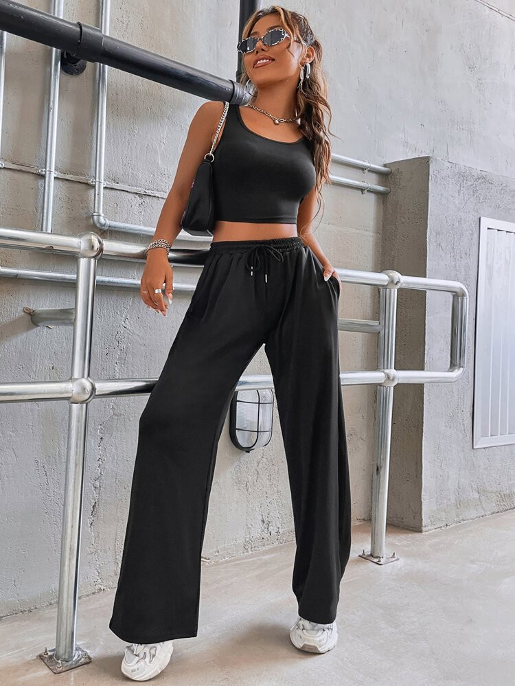 Crop Tank Top With Drawstring Waist Pants | SHEIN