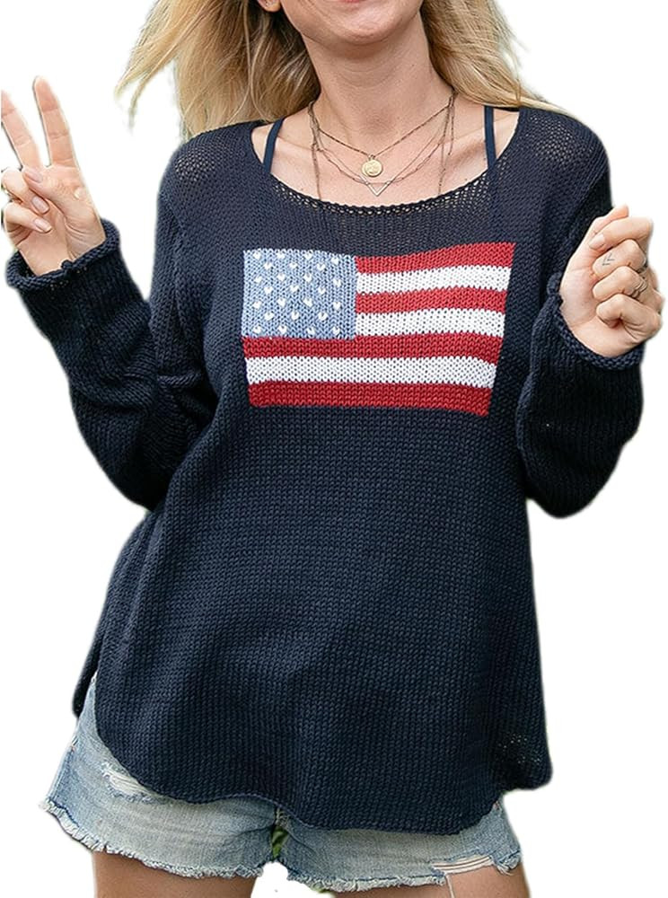 4th of July Vintage Sweater Long Sleeve Knit Pullover American Flag Sweatshirt Preppy Striped Swe... | Amazon (US)