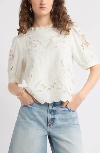 Treasure & Bond Embroidered Cutwork Puff Sleeve Linen Blend Top | Nordstrom | Nordstrom