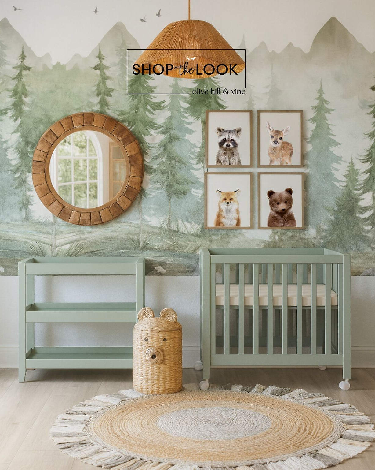 A serene woodland nursery featuring sage-green furniture, a mountain forest mural, and natural textures like rattan and woven jute. Warm wood accents and sweet animal prints bring a peaceful, storybook charm to the space. 

 

#LTKHome #LTKBaby #LTKBump