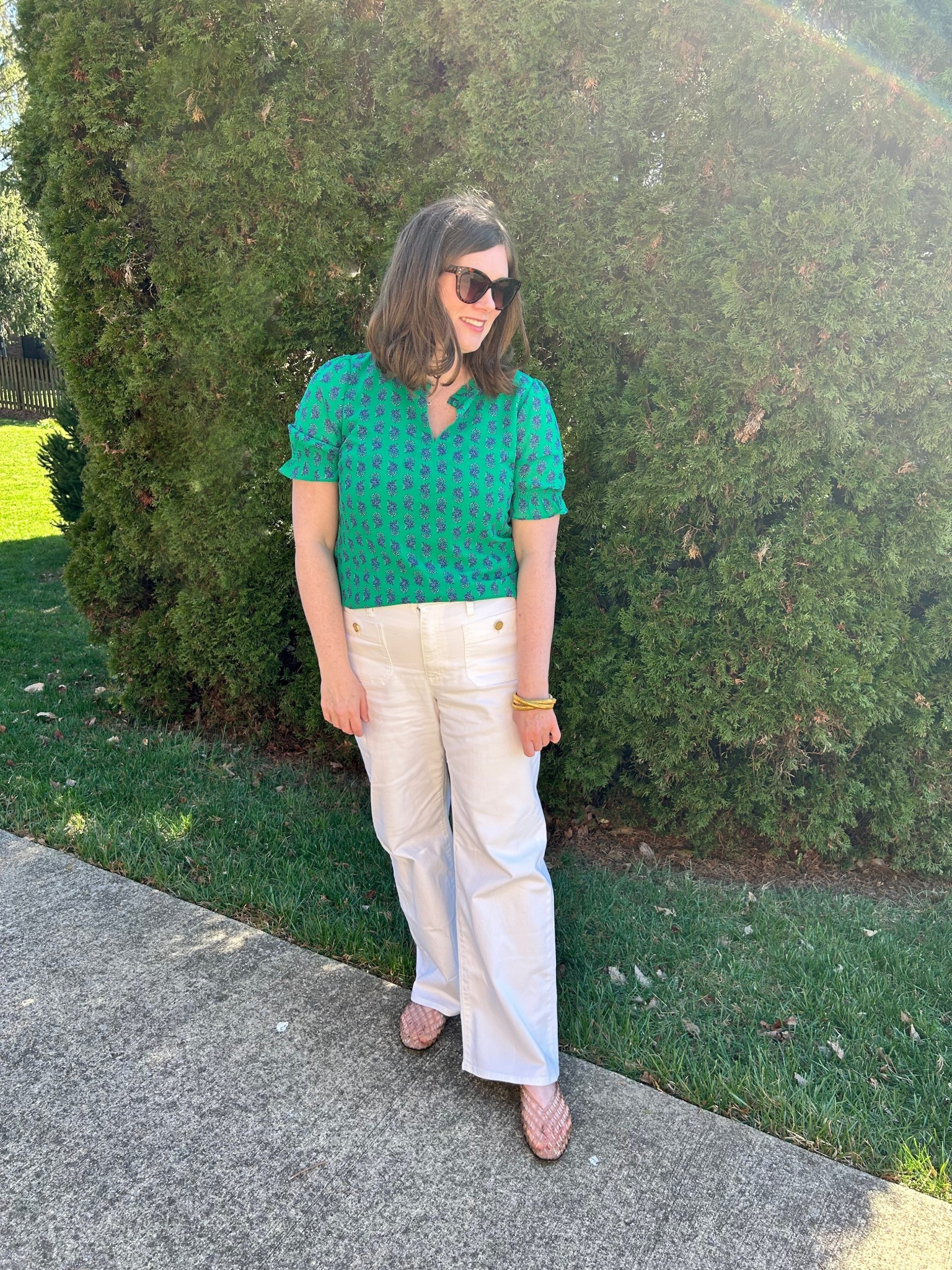 Green spring top, white jeans 