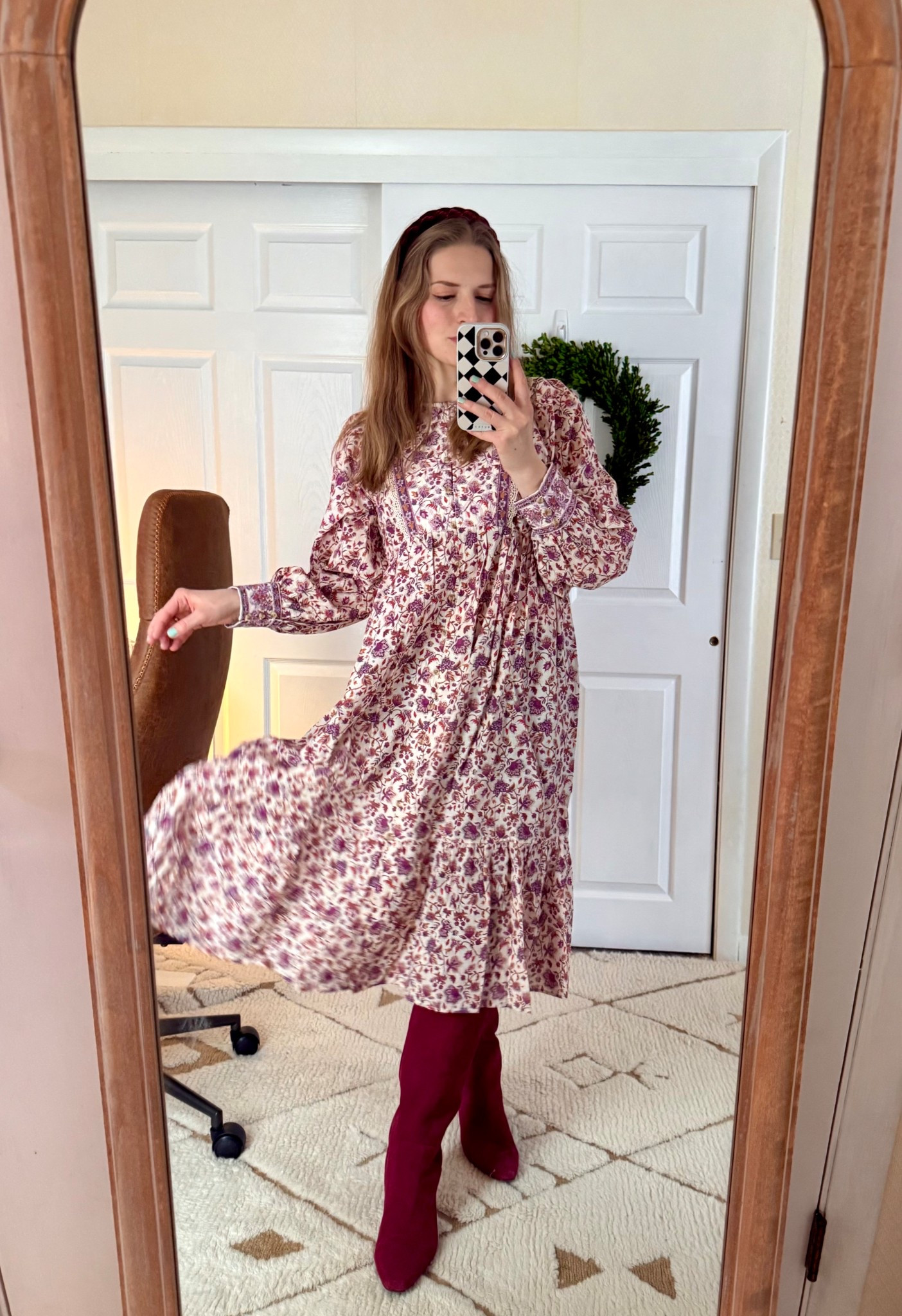 Spring floral, floral dress, long sleeve dress, red boots, kitten heels, spring outfit, spring fashion, burgundy 

#LTKWorkwear #LTKSeasonal #LTKShoeCrush