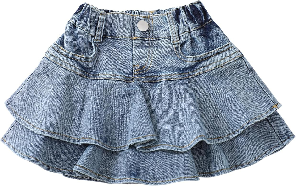 Flofallzique Little Girl's Denim Skirts Mini Flared Pleated Toddler Jean Skorts with Shorts Under... | Amazon (US)