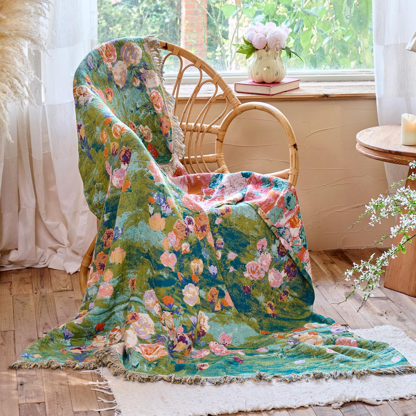 Boho Throw Blanket 60"x80" Floral Twin Size Bed Blanket with Tassels,100% Cotton Soft Reversible ... | Amazon (US)