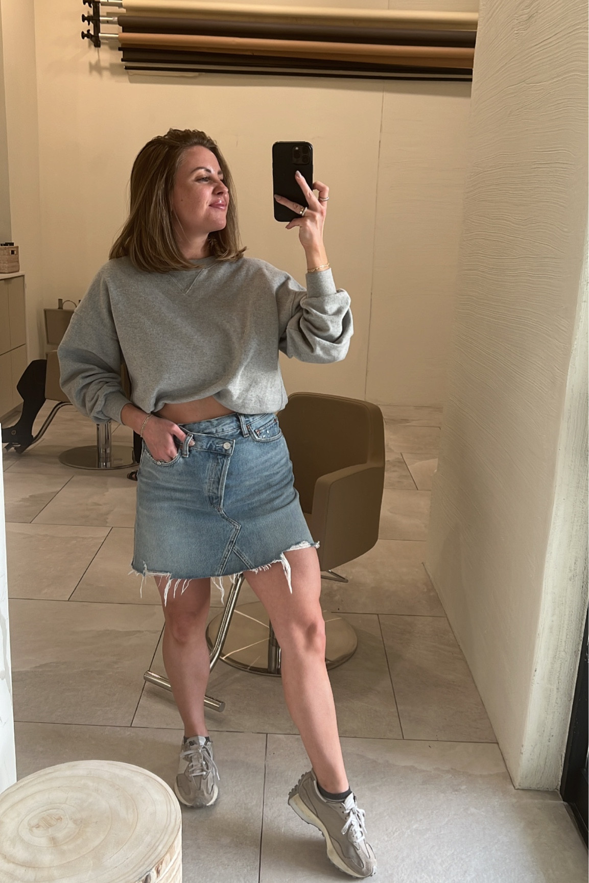 crisscross denim skirt + relaxed grey sweatshirt for the AC indoors during the summer! tank recommended for outdoors!

#salonowner
#hairstylist
#hairdesigner
#mom
#hairdesignerfashion