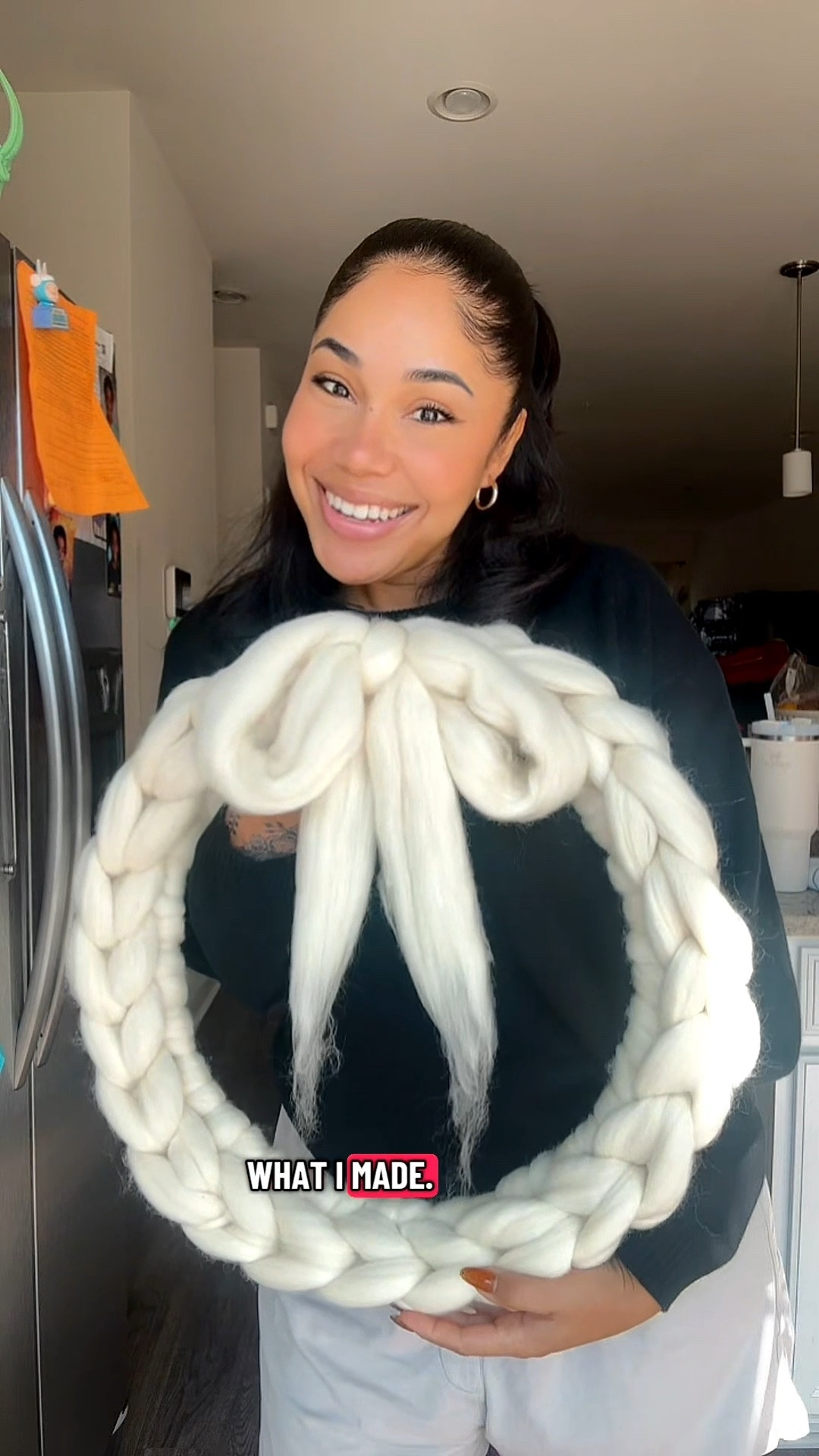 Idk y’all. What are we thinking? I love it but not the bow. Should I add a big fabric bow to cover the bulge where the two ends connect? Or are y’all feeling the wool bow? Let me know! PS. Sorry for the awful lighting. I packed away all of my lighting and it was a gloomy day outside but I am doing my best y’all 😩#diychristmasdecor #diywreath #woolknitting #handknitting 

#LTKHoliday #LTKSeasonal #LTKHome