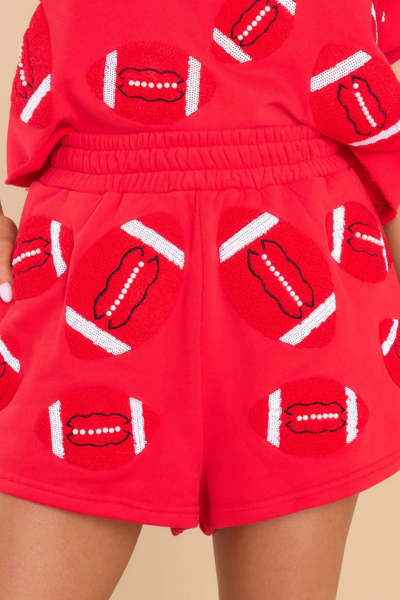 Red Fuzzy Football Shorts | Red Dress 
