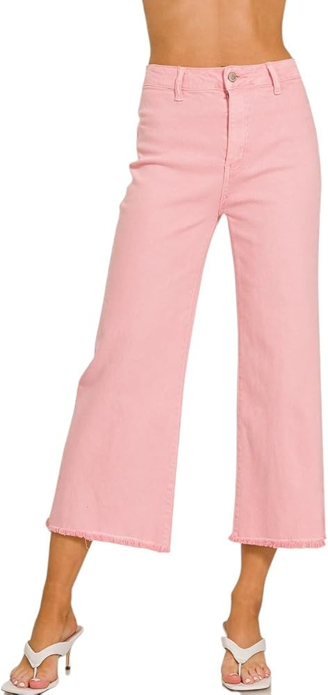 Zenana Colored Denim Wide Leg Cropped Frayed Hem Jeans | Amazon (US)