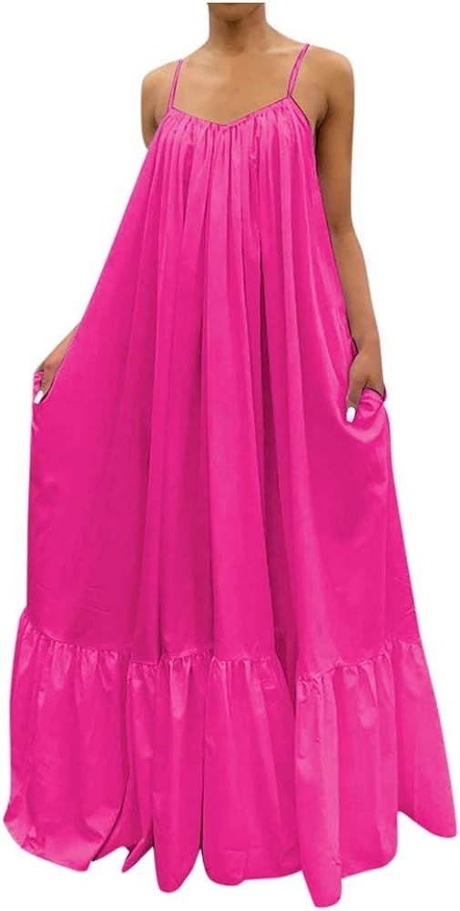 IXnzadn Women Solid Color Long Dresses Sleeveless Off Shoulder Spaghetti Strap Dress Casual Loose Bi | Amazon (US)