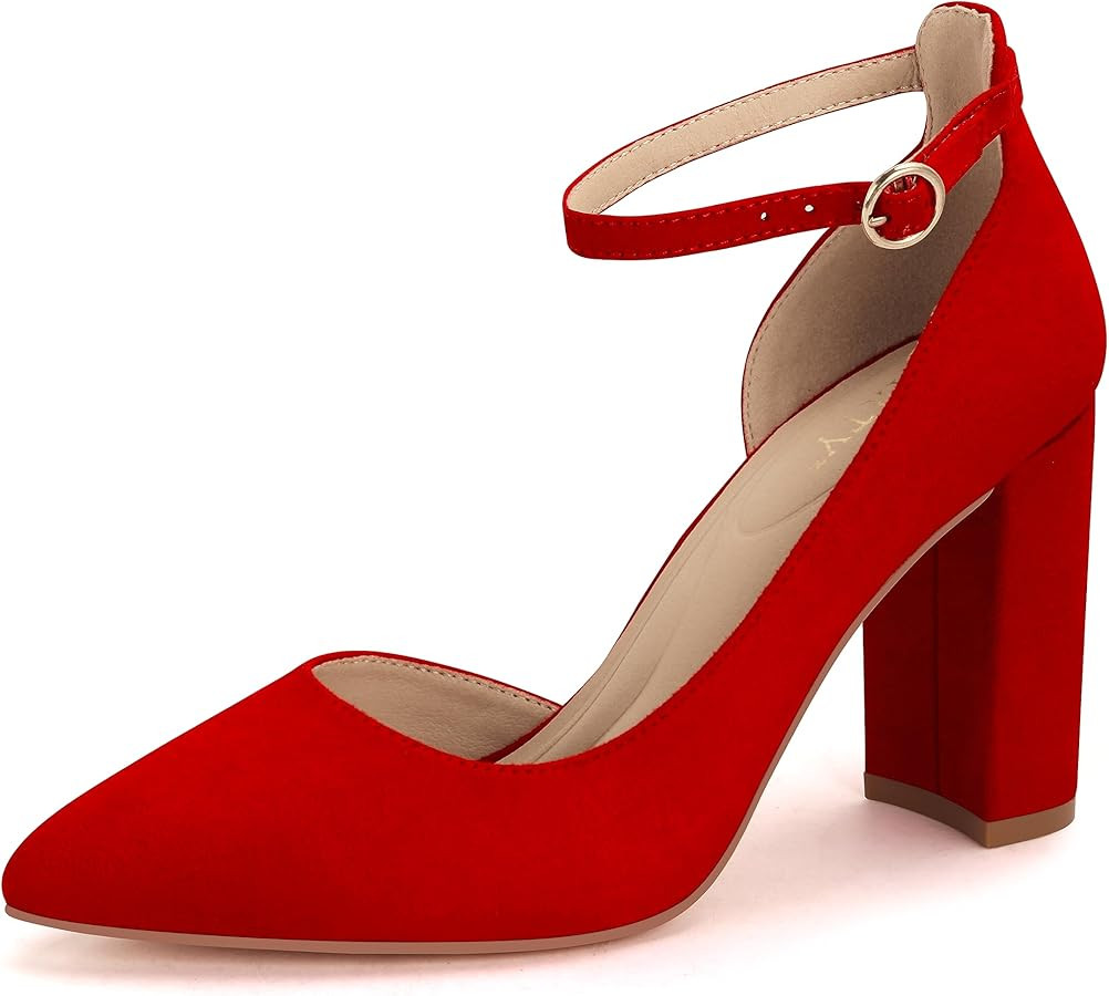 Women's 3-Inch Closed Toe Chunky Heels Pumps Ankle Strap Dress Wedding Shoes,Niki-Red Su-8 | Amazon (US)