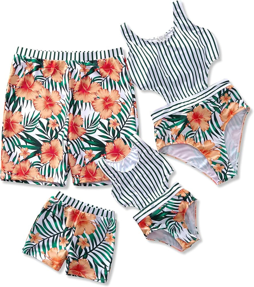 IFFEI Family Matching Swimwear One Piece Floral Printed Bathing Suit Tank Top Striped Beachwear D... | Amazon (US)