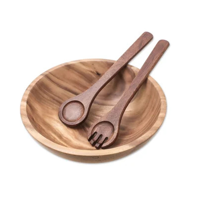 Handcrafted Wood Salad Bowl with Serving Spoon and Fork | NOVICA