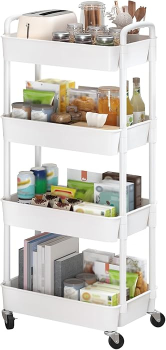 Sywhitta 4-Tier Plastic Rolling Utility Cart with Handle, Multi-Functional Storage Trolley for Of... | Amazon (US)