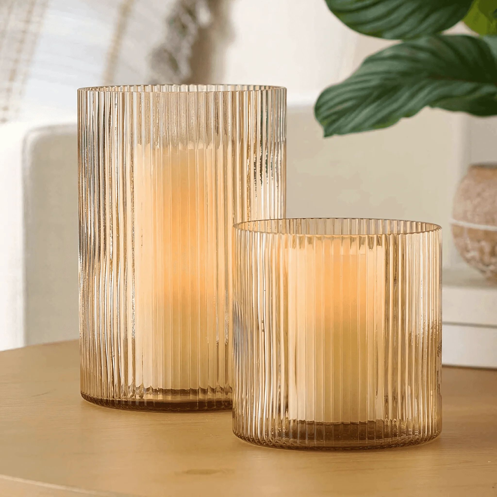 Better Homes & Gardens 5" Amber Glass Ribbed Candle Holder Hurricane, Medium | Walmart (US)