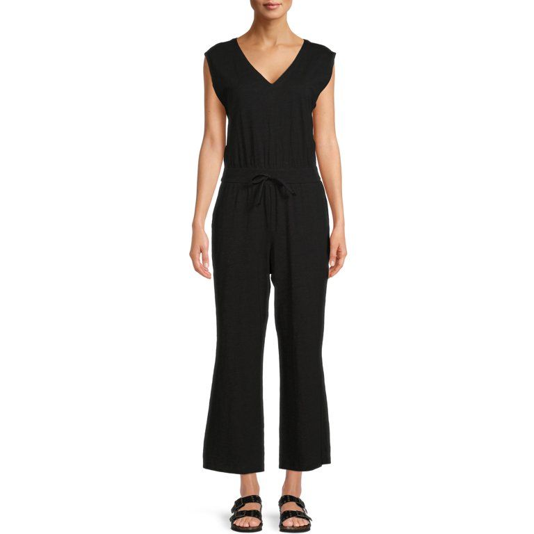 Time and Tru Women's Short Sleeve Cropped Wide Leg Knit Jumpsuit | Walmart (US)