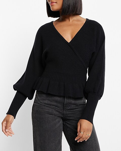 Ribbed V-Neck Wrap Peplum Sweater | Express