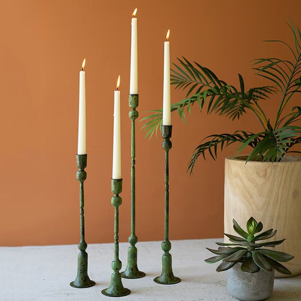 4 Piece Green Patina Forged Iron Candle Holder Collection | Antique Farm House