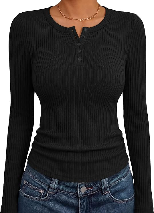 ANRABESS Women's Ribbed Henley Top Long Sleeve Shirts | Amazon (US)