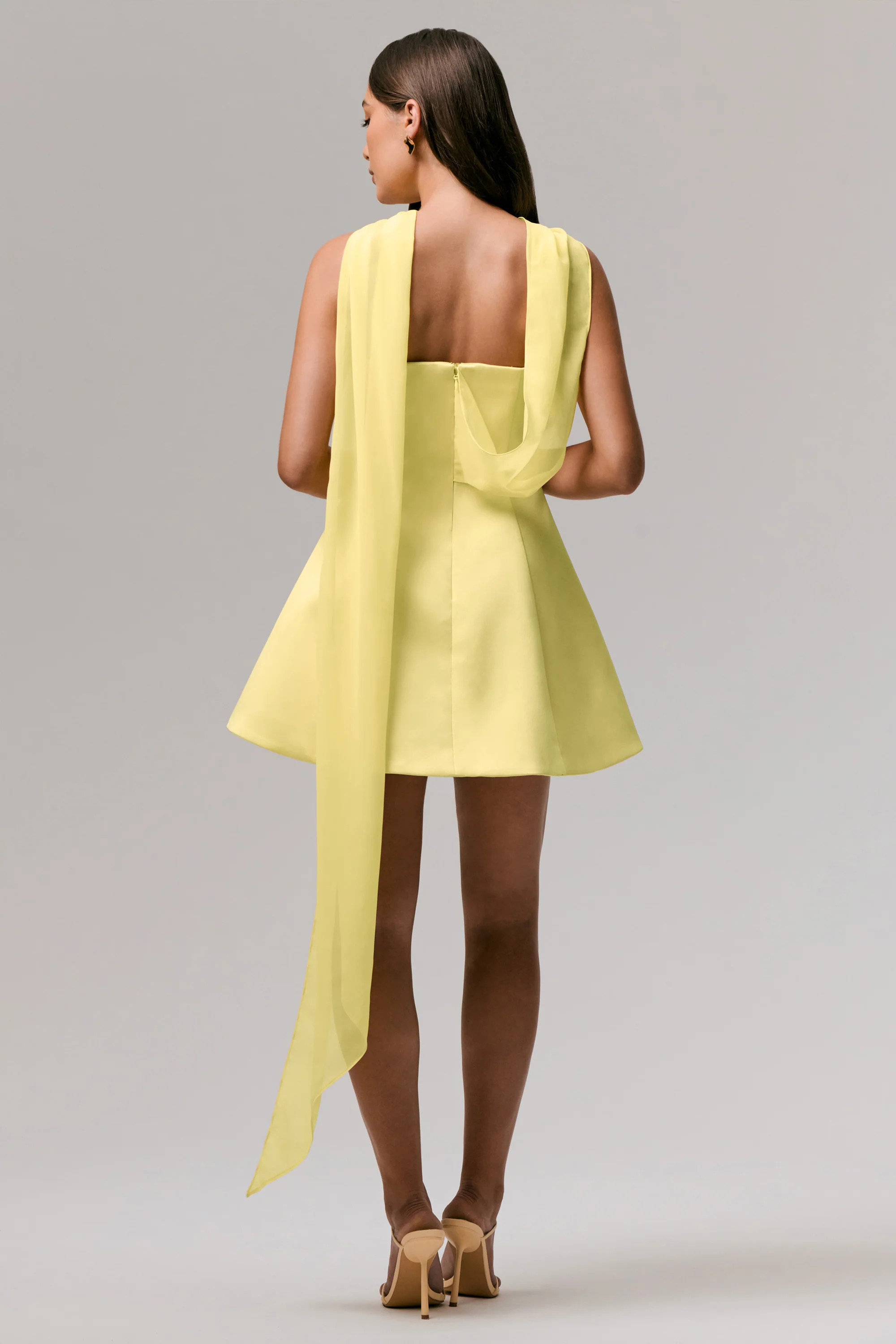 Love Me | Lemon Satin Skater Mini Dress With Chiffon Scarf | Club L London