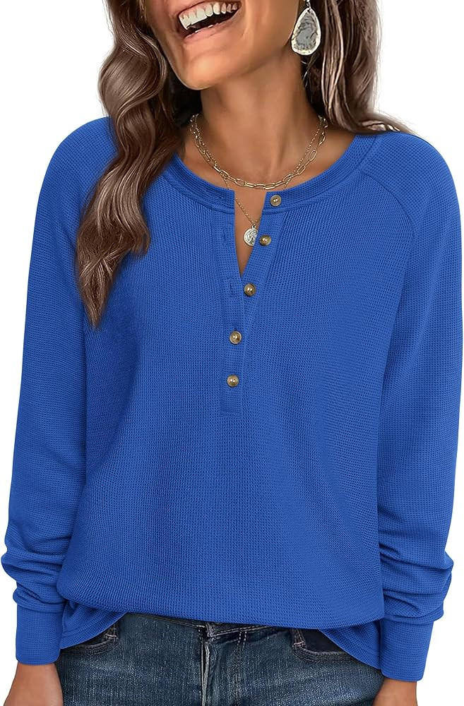PRETTYGARDEN Women Long Sleeve Waffle Knit Shirts 2025 Fall Casual Button V Neck Loose Henley Top... | Amazon (US)