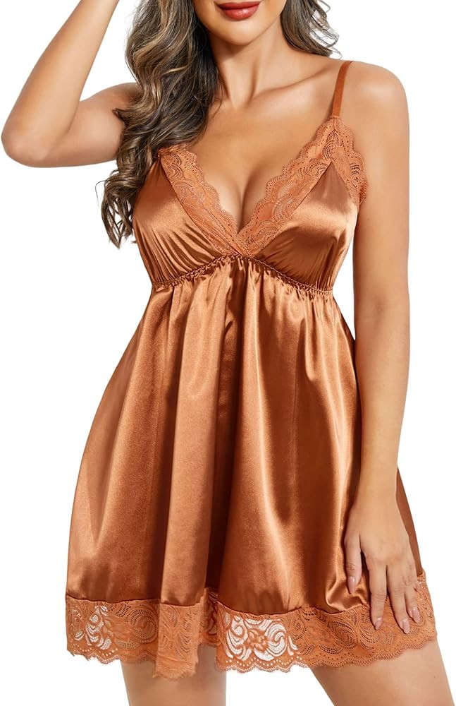 Avidlove Women Lace Nightgown Satin Chemise Sexy Lingerie Dress V Neck Sleepwear Slips Nightie | Amazon (US)