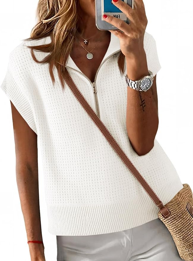 Langwyqu Womens Short Sleeve Cropped Knit Tops Half Zip Cap Sleeve Lightweight Oversized Sweater ... | Amazon (US)