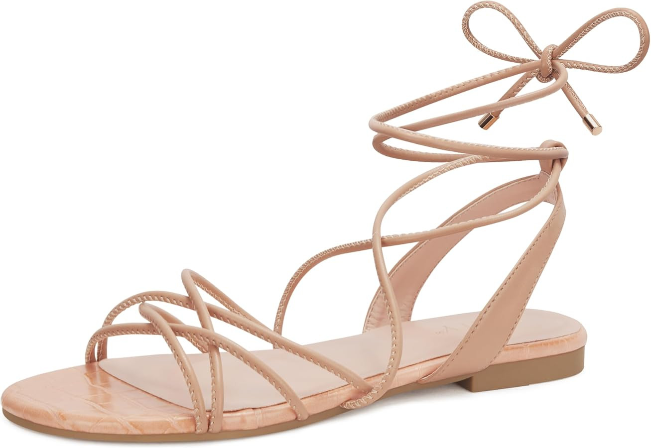 PARTY Women's Strappy Sandals Gladiator Lace Up Flats Summer Wrap Open Toe Tie Up Shoes | Amazon (US)