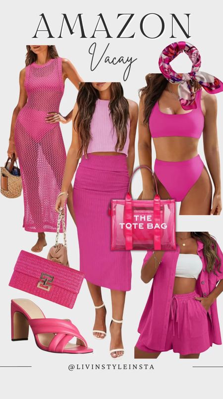 Picture perfect pink vacay pieces. Swimsuit, cover up, beach bag, two piece skirt set, two piece short set, sandals and purse! 
#vacationoutfit
#resortwear
#summeroutfit
#travel

#LTKTravel #LTKSwim #LTKStyleTip