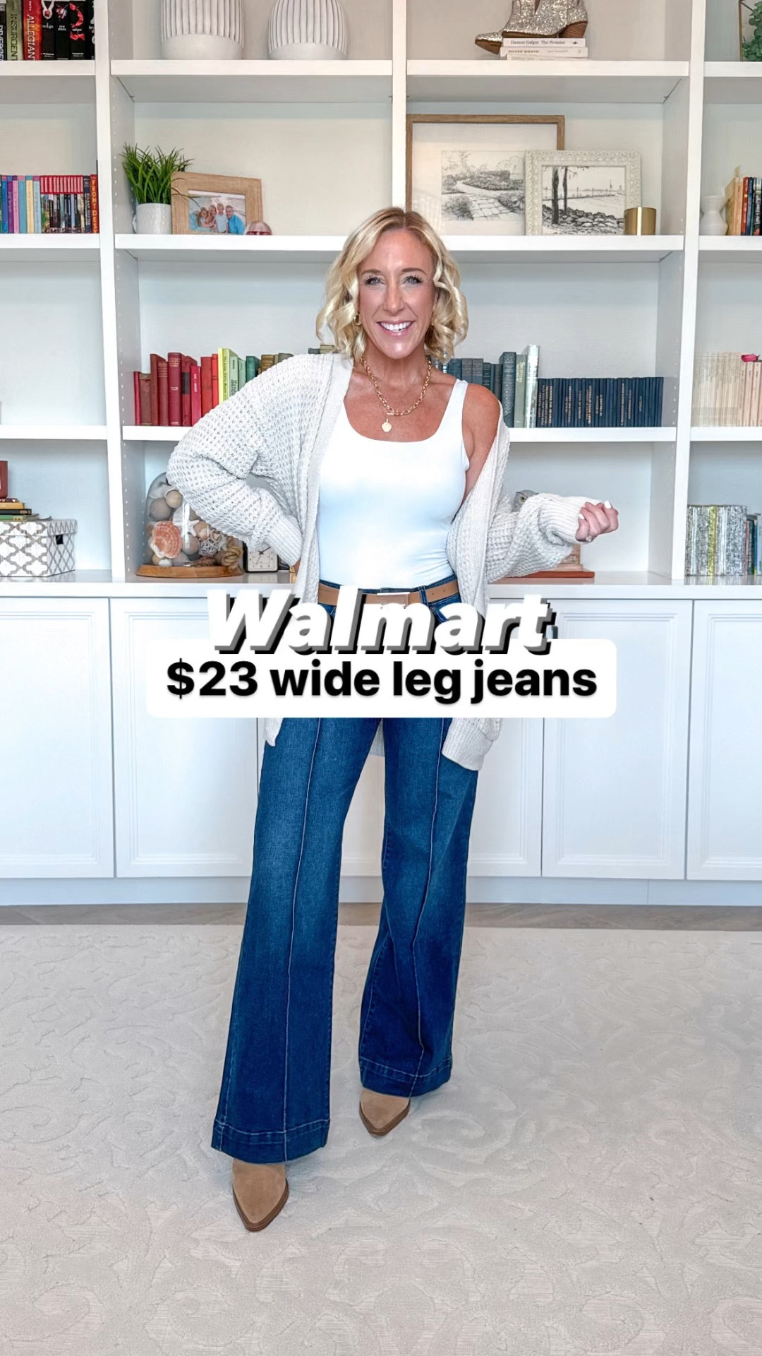 $23 Walmart wide leg jeans & outfits:
• wide leg jeans - size 2 (could have done a size 0, but they don’t have anything smaller than a 2).
• flare jeans - size 2.
• white tank - size small (not Walmart).
• chenille cardigan - size small.
• boyfriend cardigan - size small. 
• boots are old, but I linked similar  

#LTKFindsUnder50 #LTKVideo #LTKSeasonal