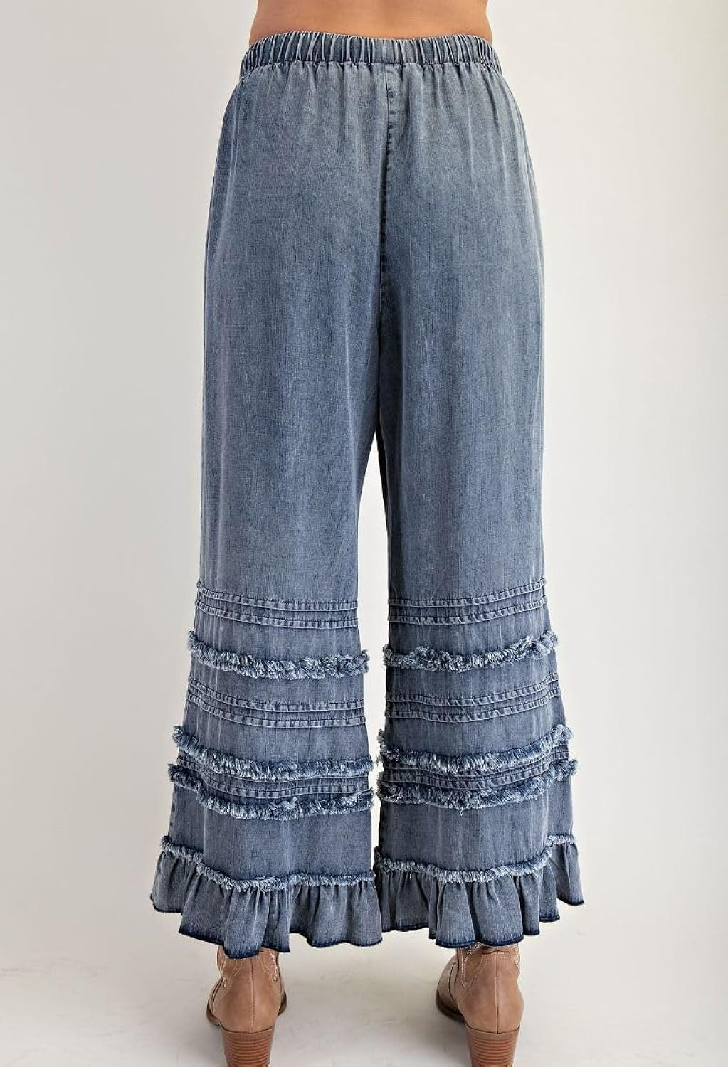 Women's Ruffle Hem High Waisted Denim Pants Tie Front Baggy Wide Leg Fringe Casual Boho Flowy Peplum Jeans | Amazon (US)