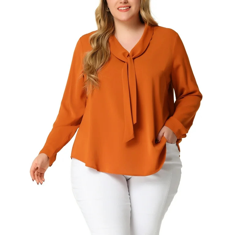 Agnes Orinda Women's Plus Size Tie V Neck Long Sleeve Chiffon Office Shirt | Walmart (US)