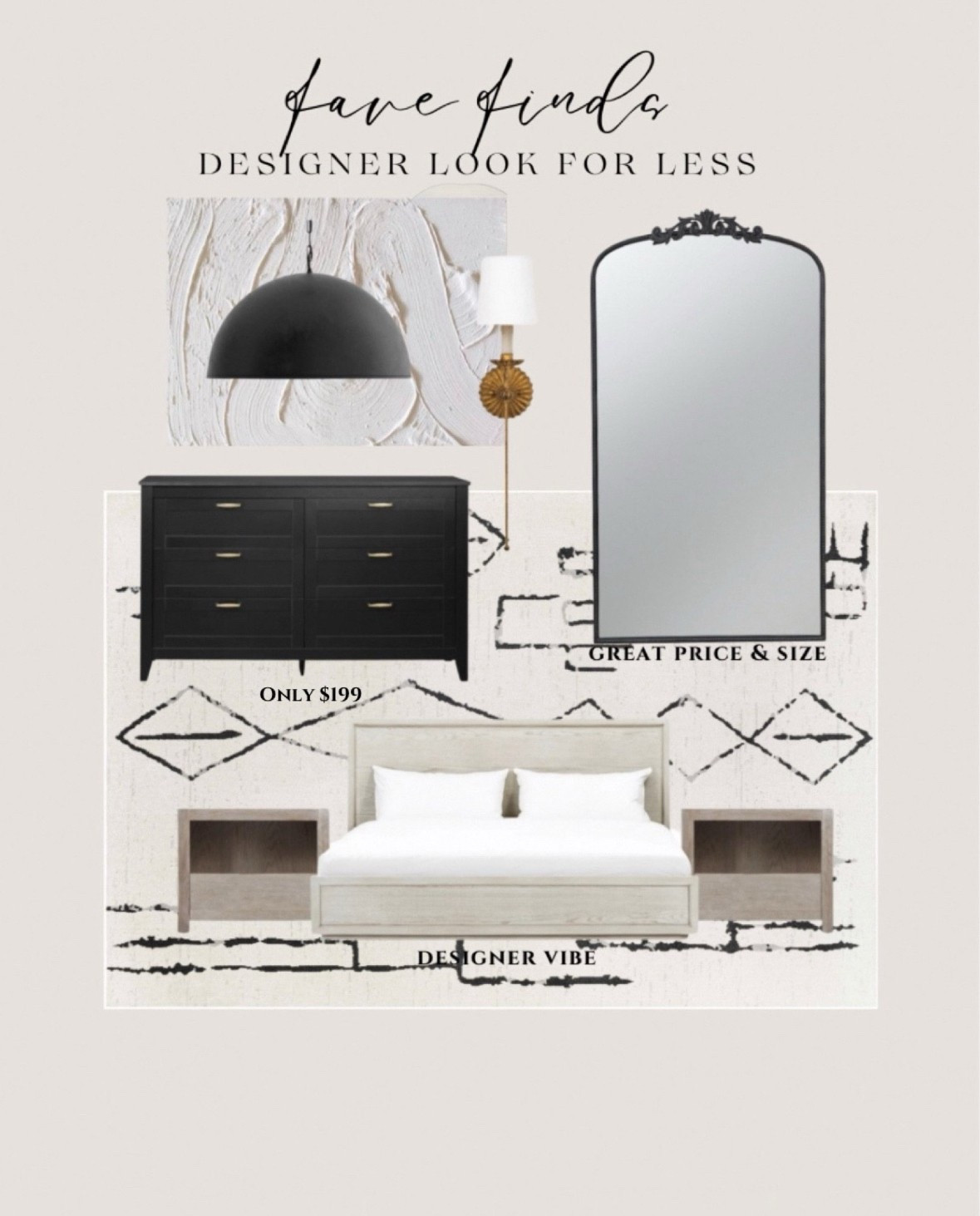 Bedroom designer look for less. Black dresser. Tall black mirror. Platform bed. Nightstands. Sconces. Gold scones. Dome chandelier.

#LTKHome #LTKSaleAlert