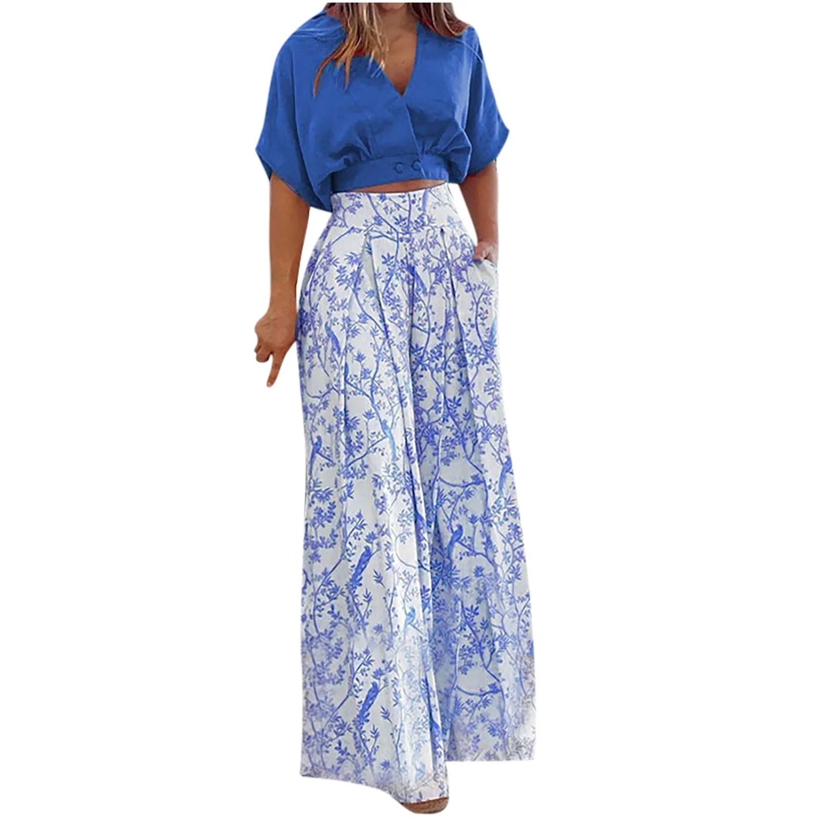 Tawop Fashion Women Summer Froral Print Casual Short Sleeve Top+ Pant Set Athletic Shirts Women E... | Walmart (US)