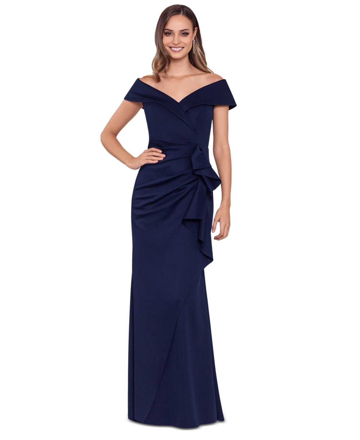 Xscape Petite Off-The-Shoulder Ruffle Gown - Midnight | Macy's