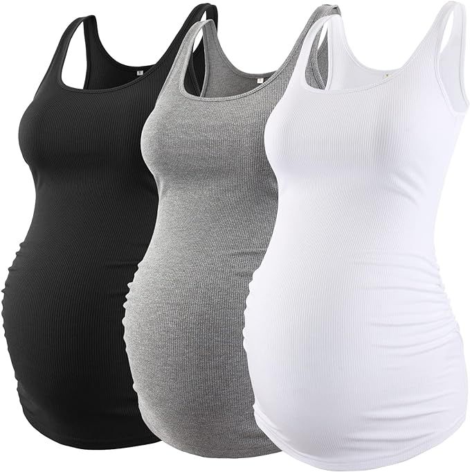 Liu & Qu Maternity Tank Tops Rib Side-Shirred Sleeveless Pregnancy Basic Shirt 3-Pack | Amazon (US)