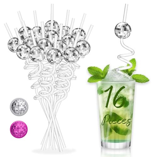 16PCS Disco Party Decorations, Mini Disco Ball Decor Reusable Straw, 70s Disco Ball Straws for Bachelorette Party Decorations Birthday Supplies (Silver) | Amazon (US)