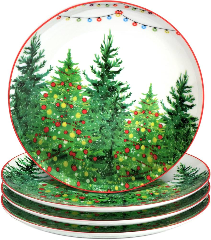 Uiifan 4 PCS Christmas Trees Ceramic Salad Plates Green Dinner Plate Xmas Tree Decoration Porcela... | Amazon (US)
